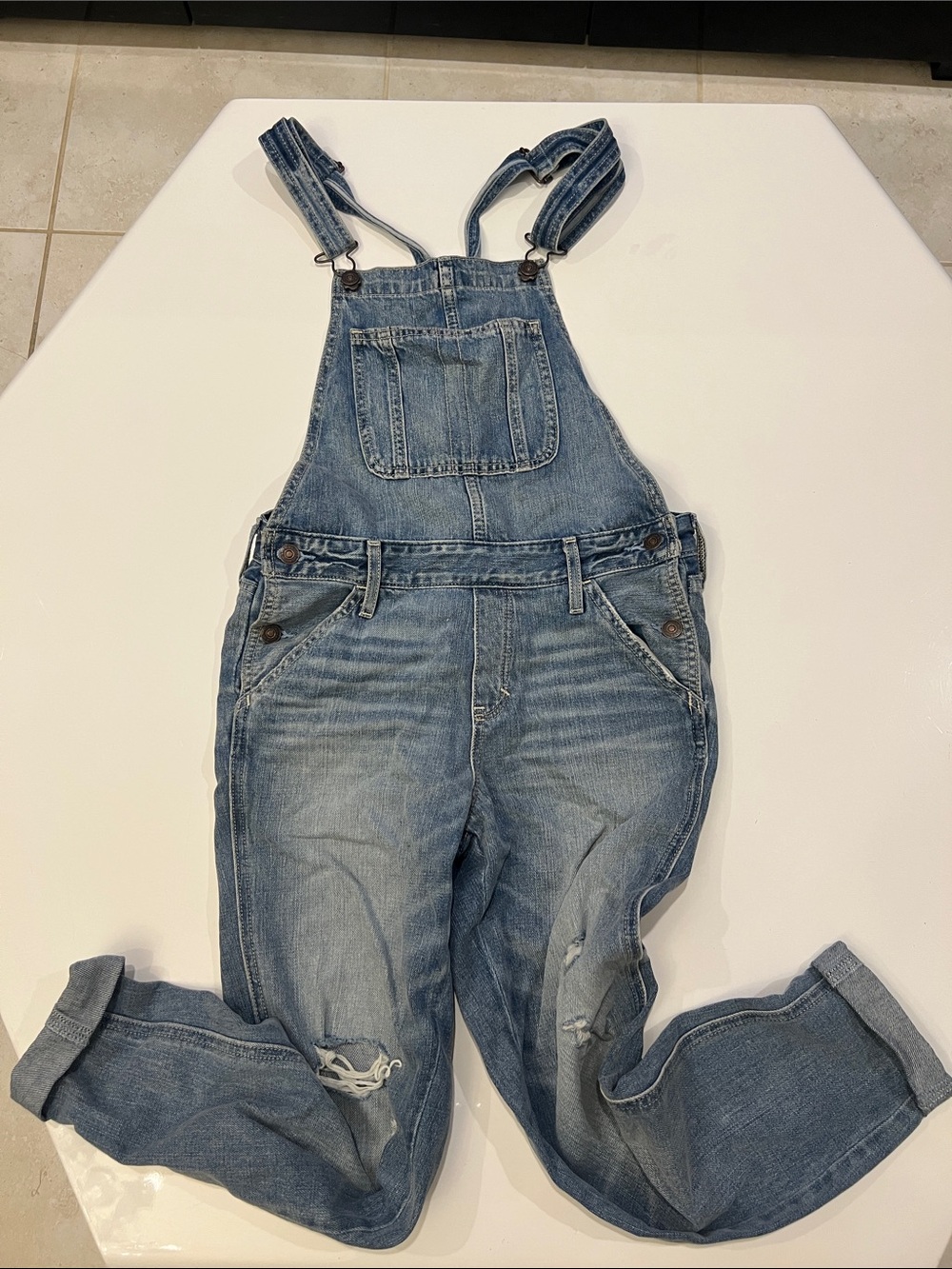 Abercrombie & Fitch Light Blue Distressed Denim Overalls